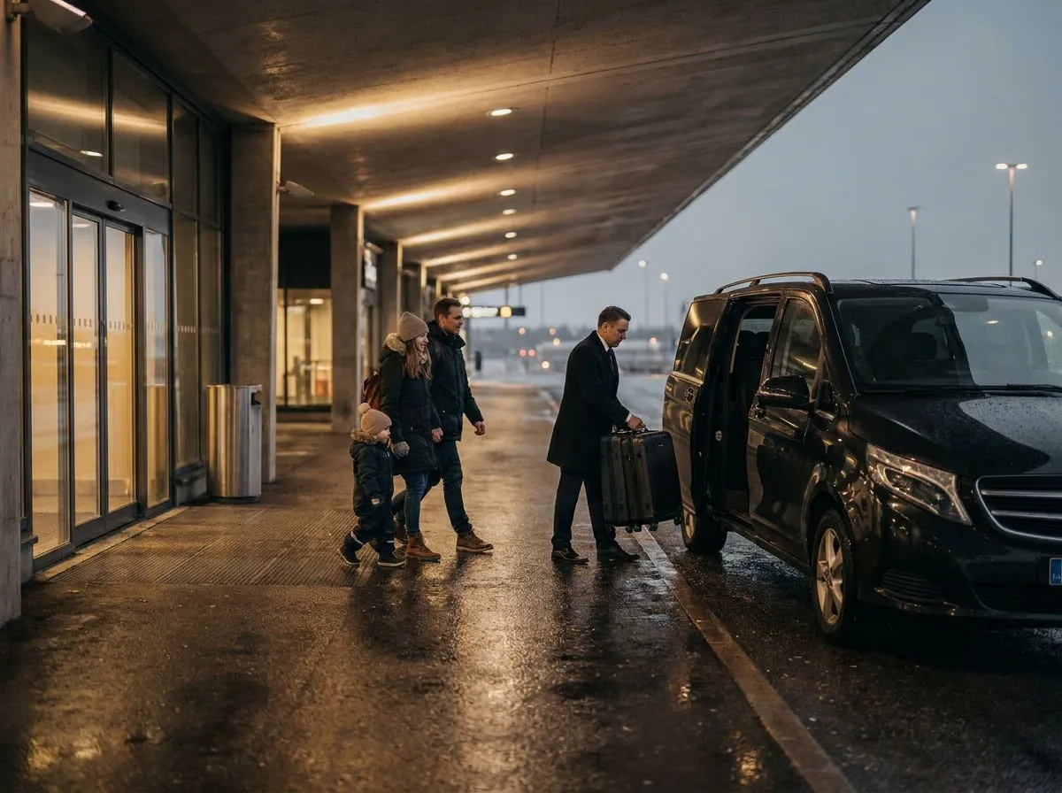 Kuljettaja lastaa matkalaukkuja Mercedes-Benz V-sarjaan, kun perhe kävelee autolle lentoaseman noutokaistalla