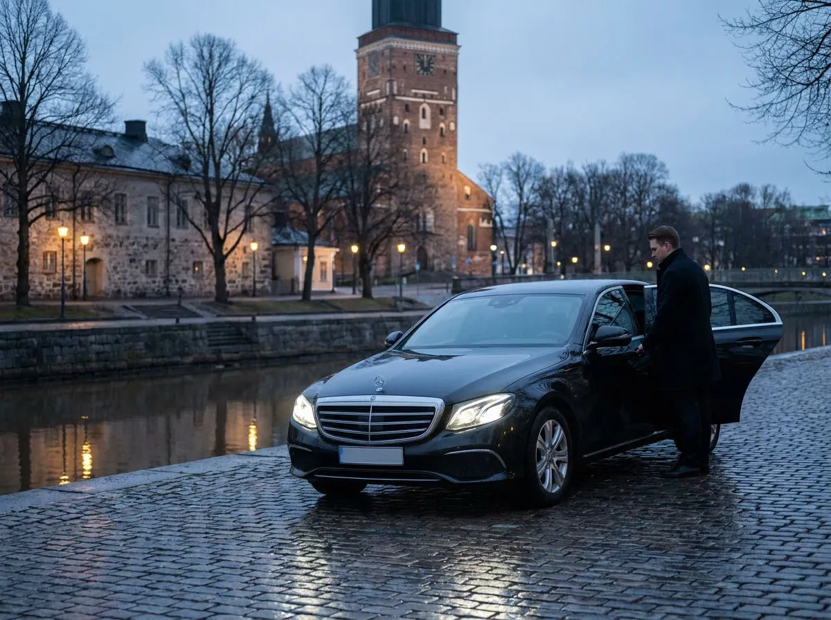 Musta Mercedes-Benz Aurajoen rannalla iltahämärässä, taustalla Turun tuomiokirkko